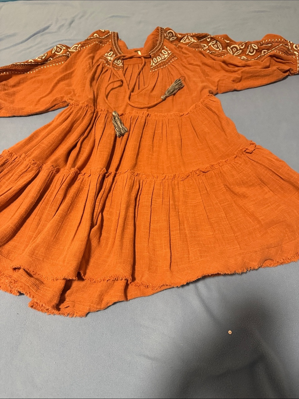 Womens’s Free People Rust Orange Tiered Peasant Dress with Embroidered Yoke